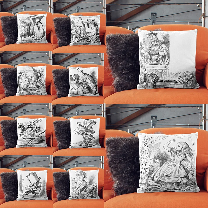 

45x45cm in Wonderland Cartoon Pillows Case Alice Cushion Cover Cute Rabbit Cat Painting Throw Pillow Vintage Home Decorative