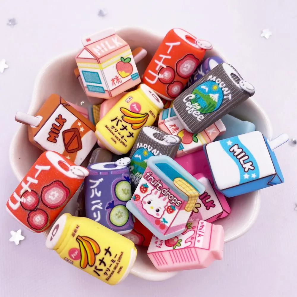 20PCS Resin Kawaii Colorful Mini Various Fruit Drinks Coffee Milk Boxe Cans Scrapbook Flatback 3D Figurine  DIY Home Decor Craft