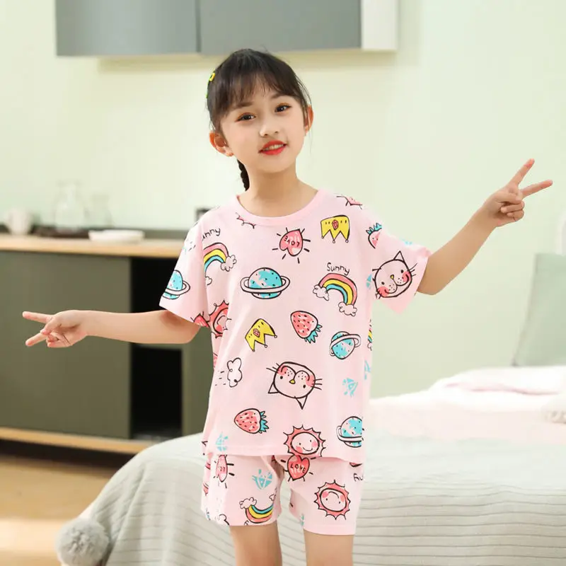 

2 6 8 10 Years Child Boy Girl Pajamas Cotton Sleepwear Tops Pants Clothing Sets for Teens Girls Rainbow Pyjama Kids Cat Pijamas