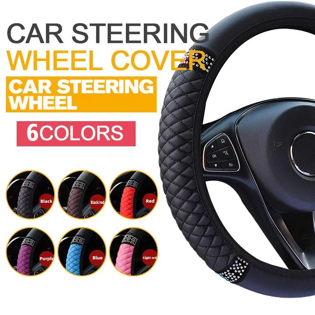 

Universal Car Steering Wheel Cover 14 1/2 to 15 inch Skidproof Leather Embroidered Color Diamond-encrusted Steering Wheel Cover
