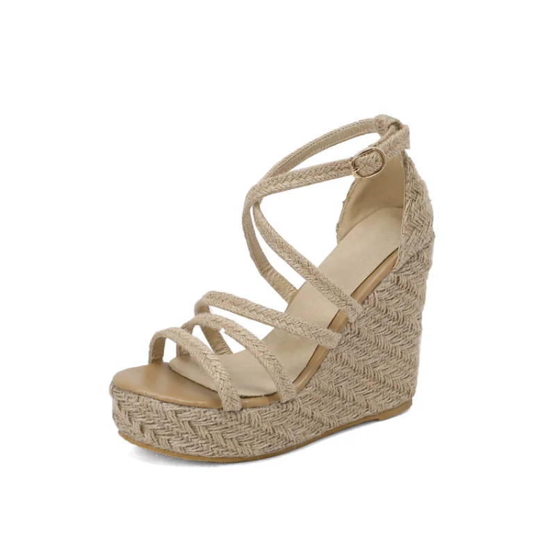 2023 Summer straw high heels fashion cross strap one line platform open toe sandals for women 699-34