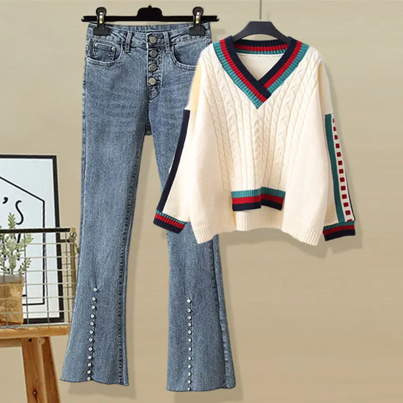 

Women's Pants Autumn Korean Striped Sweater Sweater Jeans Fashion High Waist Light Color Casual Suit Women's Jeans