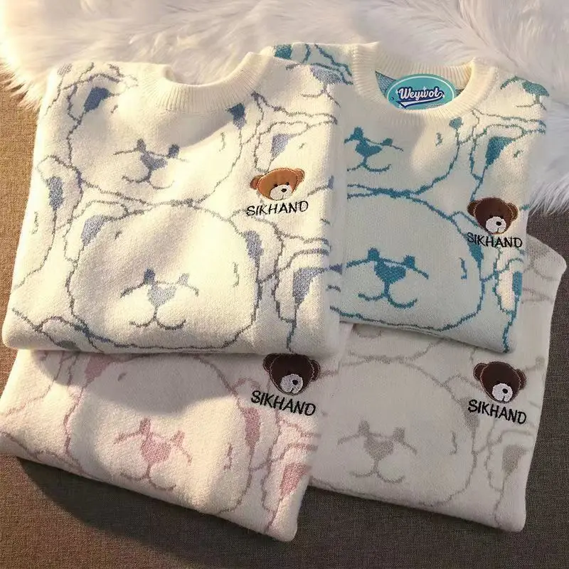 

Свитер Kawaii с вышивкой медведя из аниме, Женская осенне-зимняя повседневная свободная вязаная одежда для пар, женские уличные Топы Yk2 в стиле хип-хоп Y2k