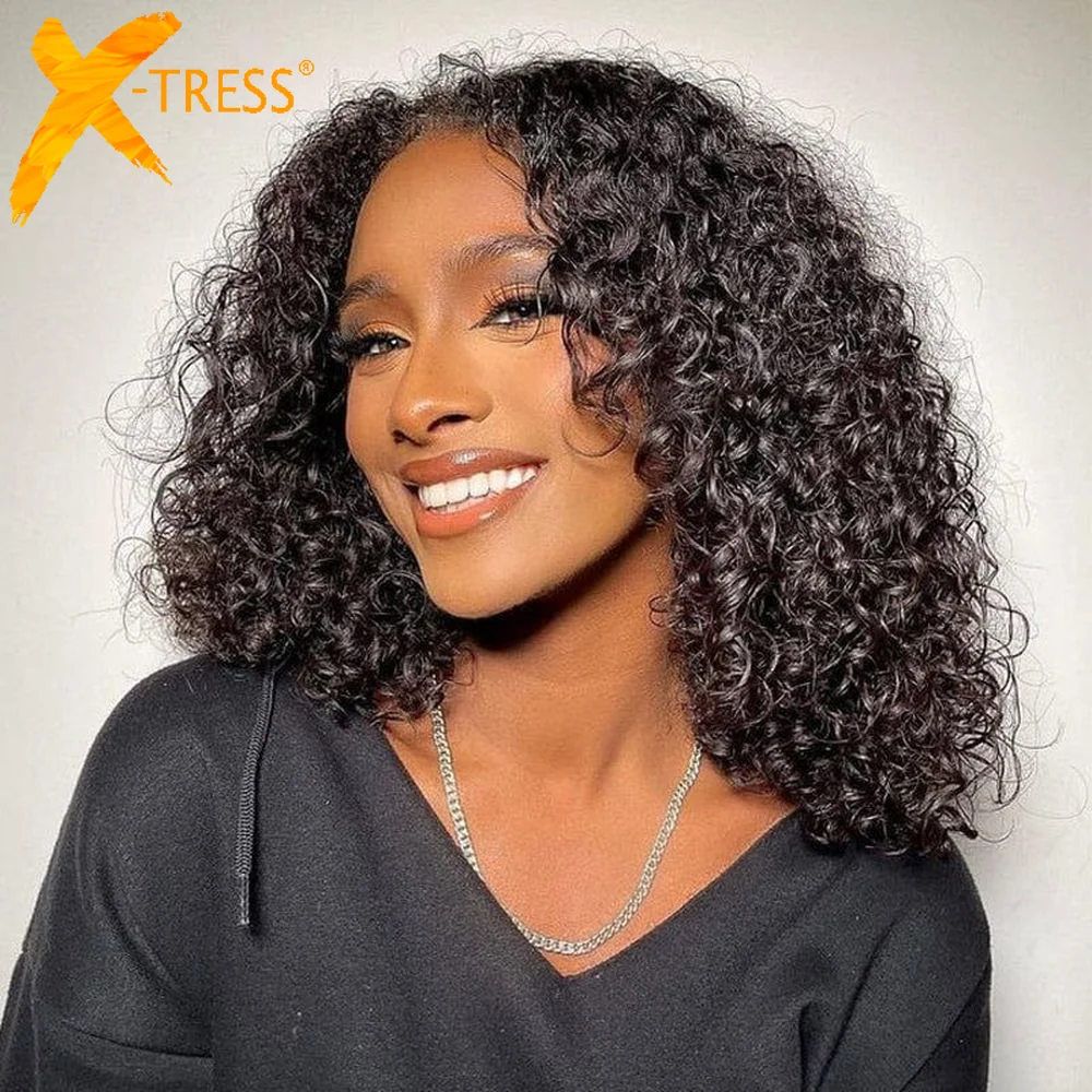 

X-TRESS Afro Curly Synthetic Lace Front Wig Heat Resstant Fiber Brown Color 150% Density Bohemian Curls Bob Wigs For Black Women