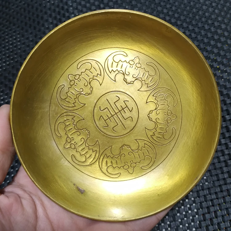 

Antique collection copper plate, brass plate, pure copper Wufu Linmen bat plate, plate, old objects, pen wash