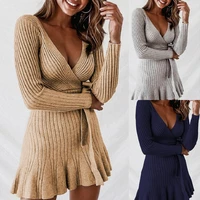 autumn winter women 2022 elegant belted sweater dress ladies deep v neck long sleeve ribbed knitted sexy mini bodycon dress