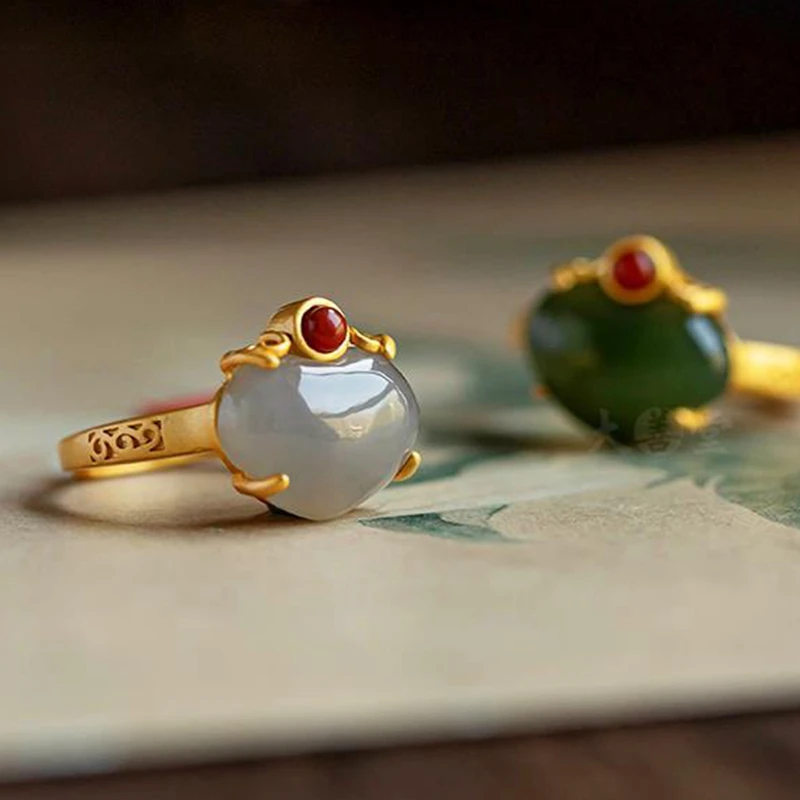 

Vintage 14K Gold Plated Green Natural Stone Simulation Fashion Rings For Women Men Adjustable Size Finger Ring Personality Band