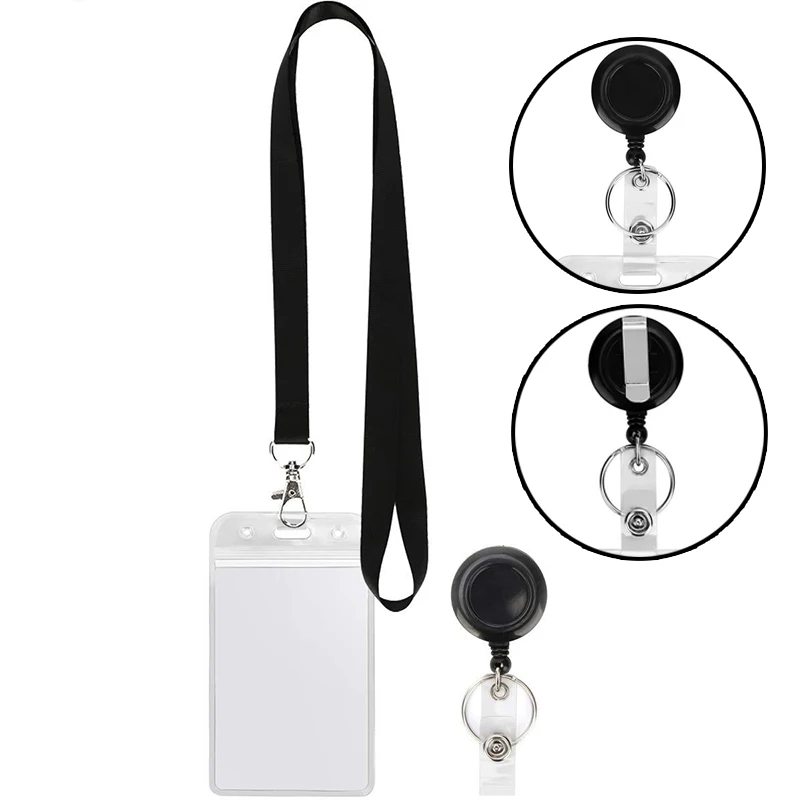 

Badge Reel Work Card Clip Black Lanyard Set Neck Strap Name Card Holder ID Card Holder Office Supplies Retractable