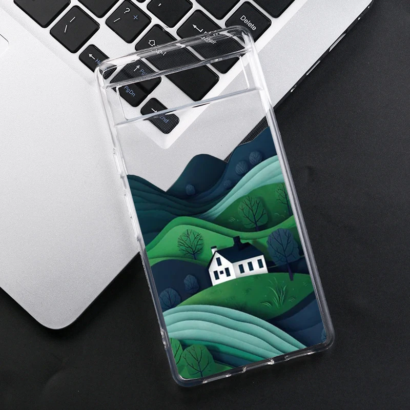 Mountain Forest Village Phone Case For Google Pixel 9 Pro XL 7A 8 6A 5G Landscape Hand Painted Clear Soft TPU Cover Fundas