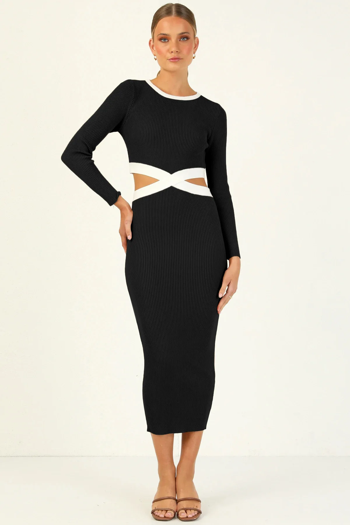 

Autumn Sexy O-neck Hollow Out Pacthwork Mini Dress Fashion Elegant Long Sleeve Bodycon Dresses for Women Party Outfit