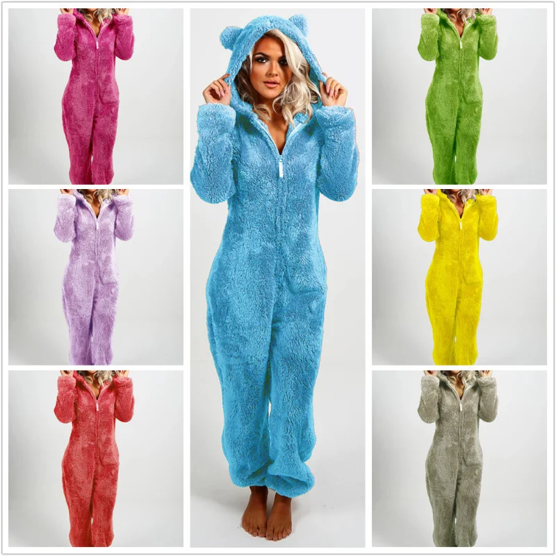 Autumn and Winter 2022 Women's Plush Thickened Wool Jumpsuit Hooded Pajamas