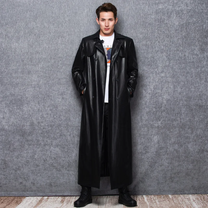 

Lautaro Long black leather trench coat men long slve double breasted spring autumn plus size pu leather mens clothing 6xl 7xl