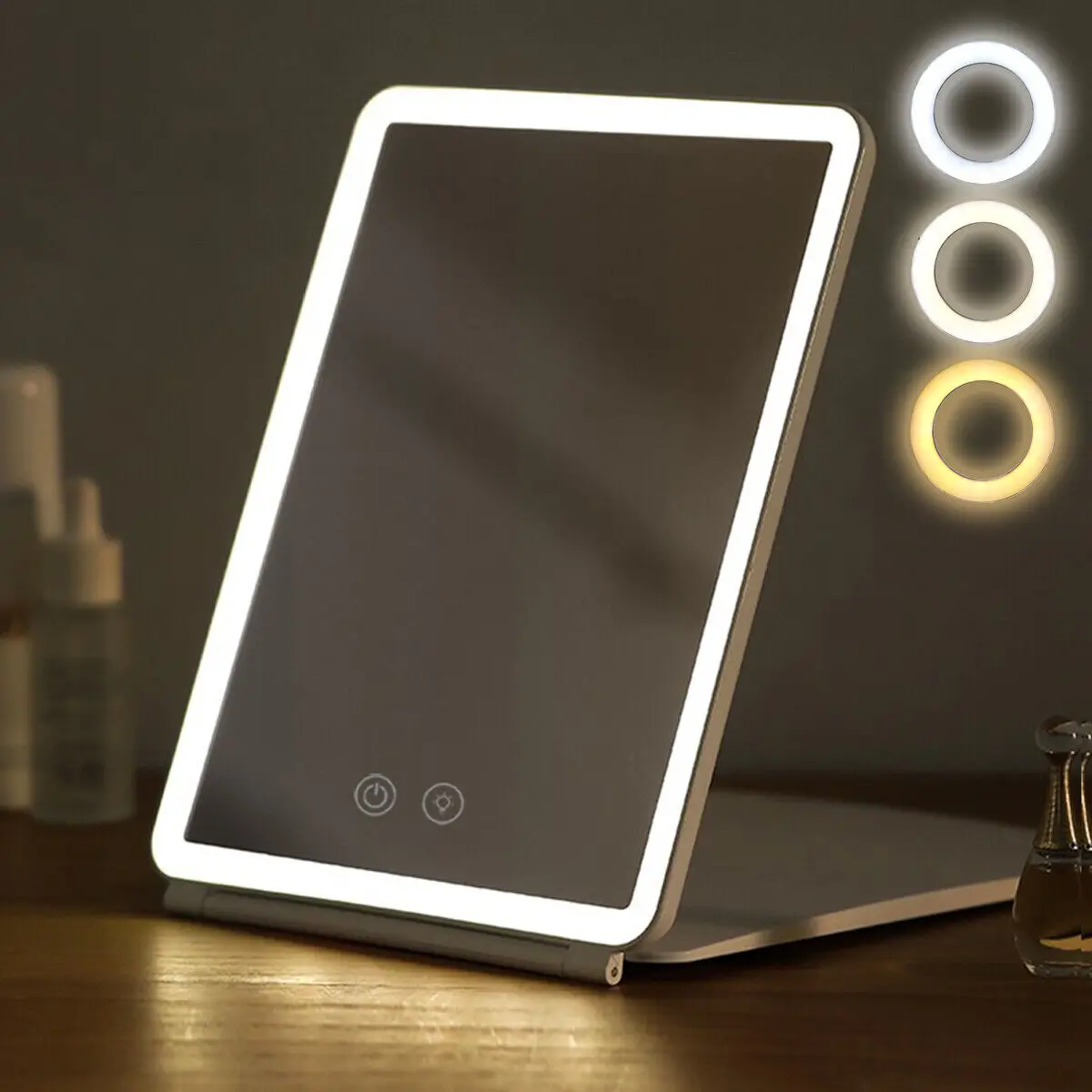

Foldable Makeup Mirror Touch Screen Makeup Mirror 3 Colors Light Modes Cosmetic Mirrors USB Rechargeable Folding LED Mirror