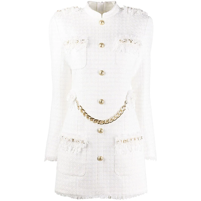 

Женское твидовое платье с бахромой, бахромой и металлической цепочкой, Осень-зима 2023