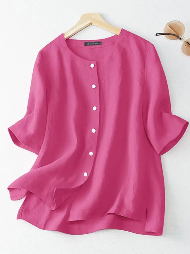 

Блузка ZANZEA Женская хлопковая оверсайз, Однотонная рубашка с рукавом до локтя, свободного кроя, Повседневная винтажная на пуговицах, лето 2022