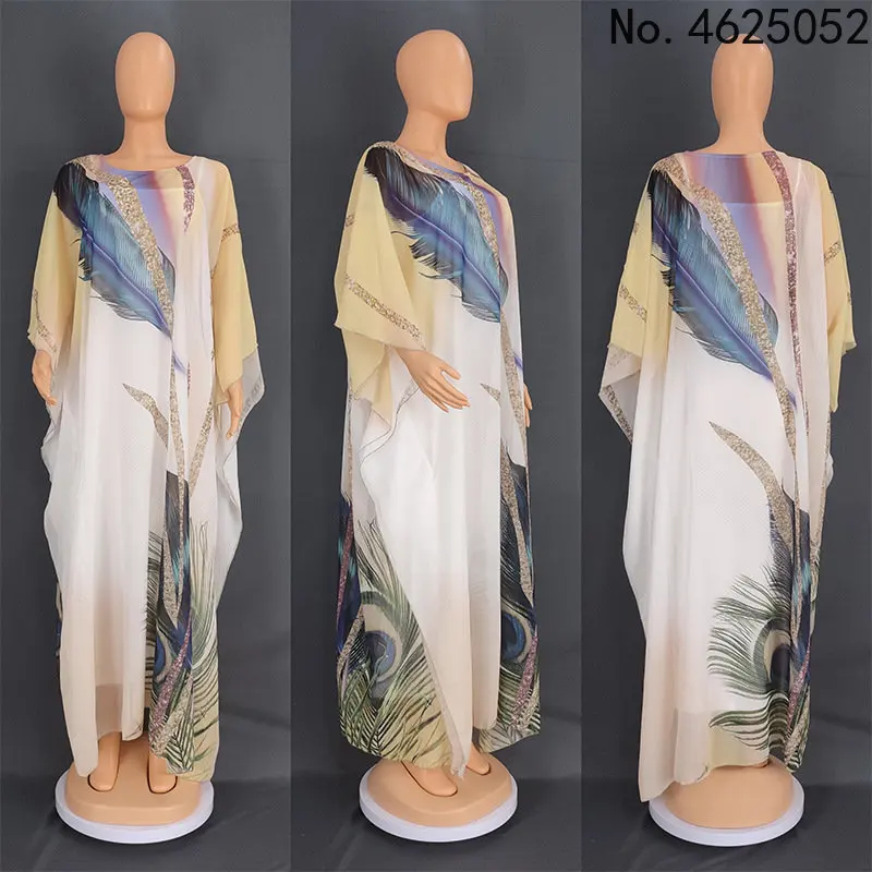 

Extra Size Print Peacock Bohemian Dress Beach Cover Up 2022 Robe De Plage Kaftan Pareo Chiffon Cover-Up Maxi Dress Beachwear