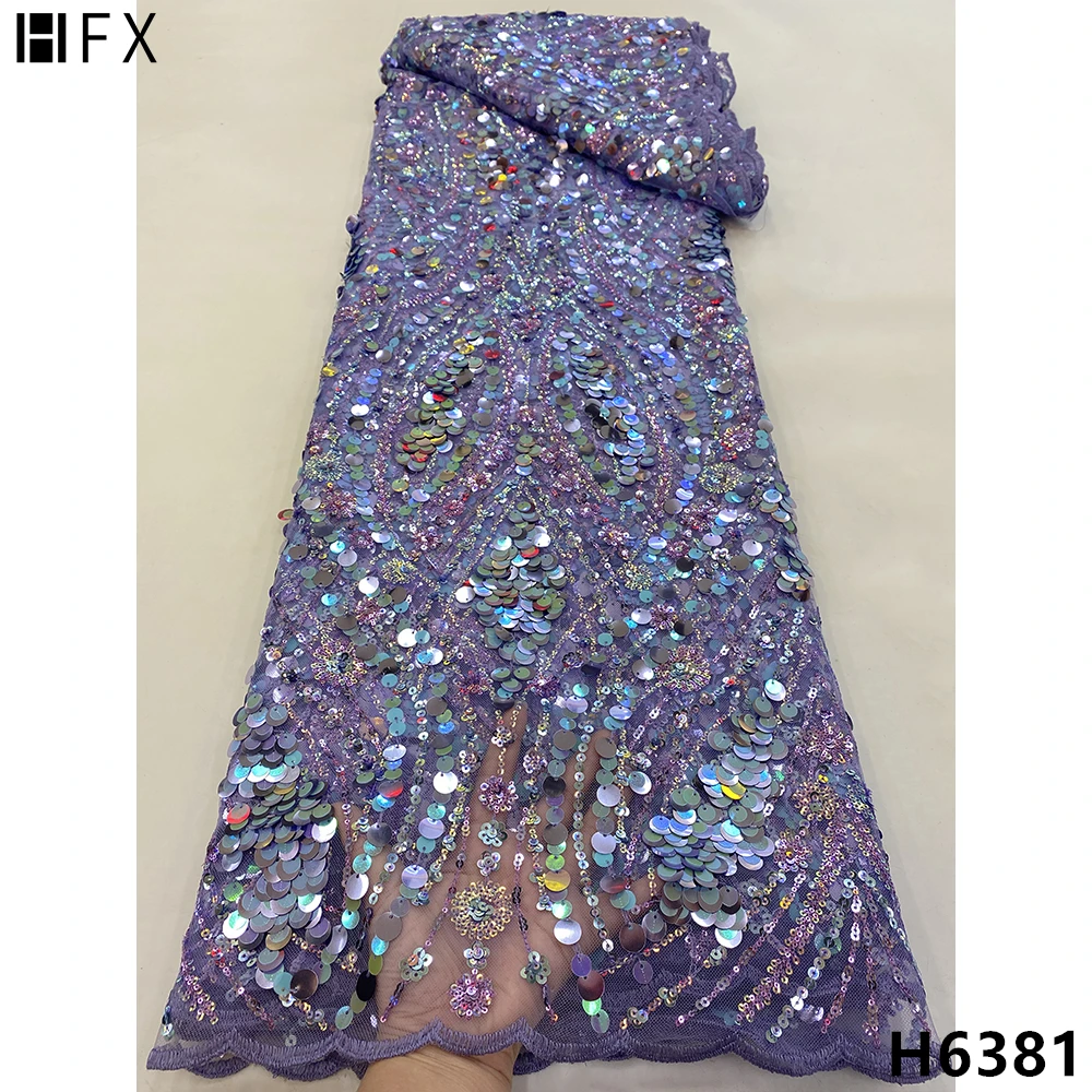 

HFX lilac color Latest High Quality African sequins lace Fabric 2022 Embroidery tulle Lace fabric For Wedding Dress 5yards H6381