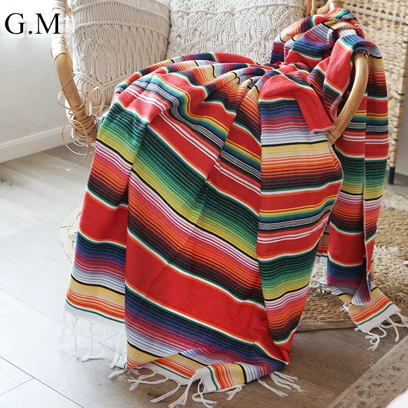 

Mexican Style Tassel Rainbow Striped Picnic Blanket Tablecloth Beach Mat 2023 Cotton Sofa Bed Throw Blankets Hanging Tapestry