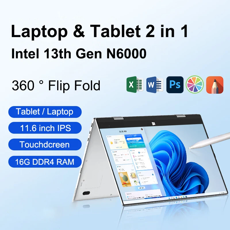 

360° Rotation 11.6‘’ Touch Screen Laptop Intel N6000 2 in 1 Tablet 16GB+1TB DDR4 Notebook Windows 10/11 computer free shipping