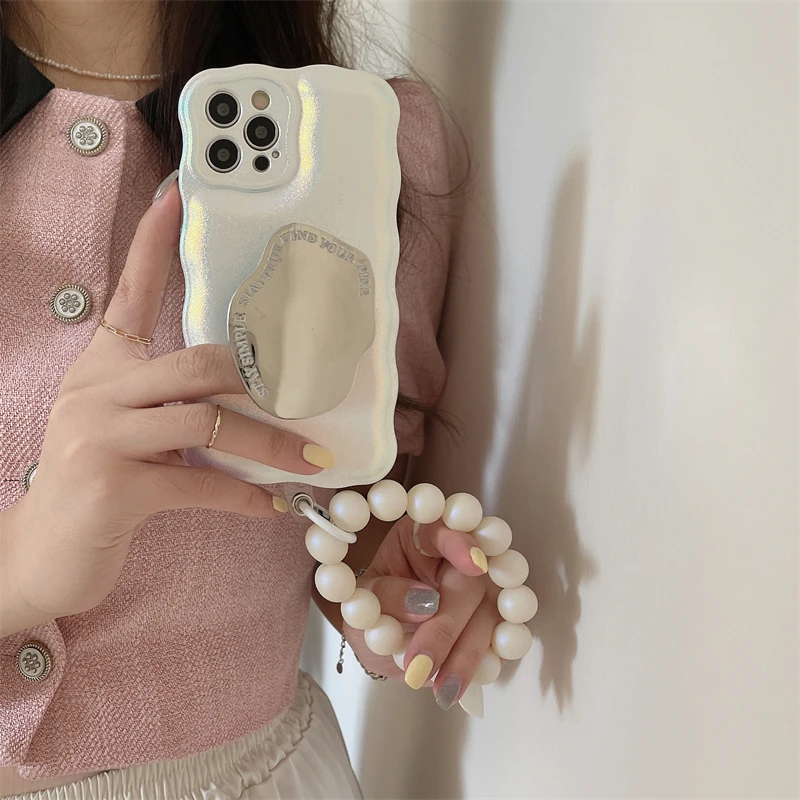 

Pearlescent Laser Bracket Chain Phone Case For iPhone 14 14Pro 13 12 11 X S XR Pro Max Ring Holder Stand Shockproof Cover