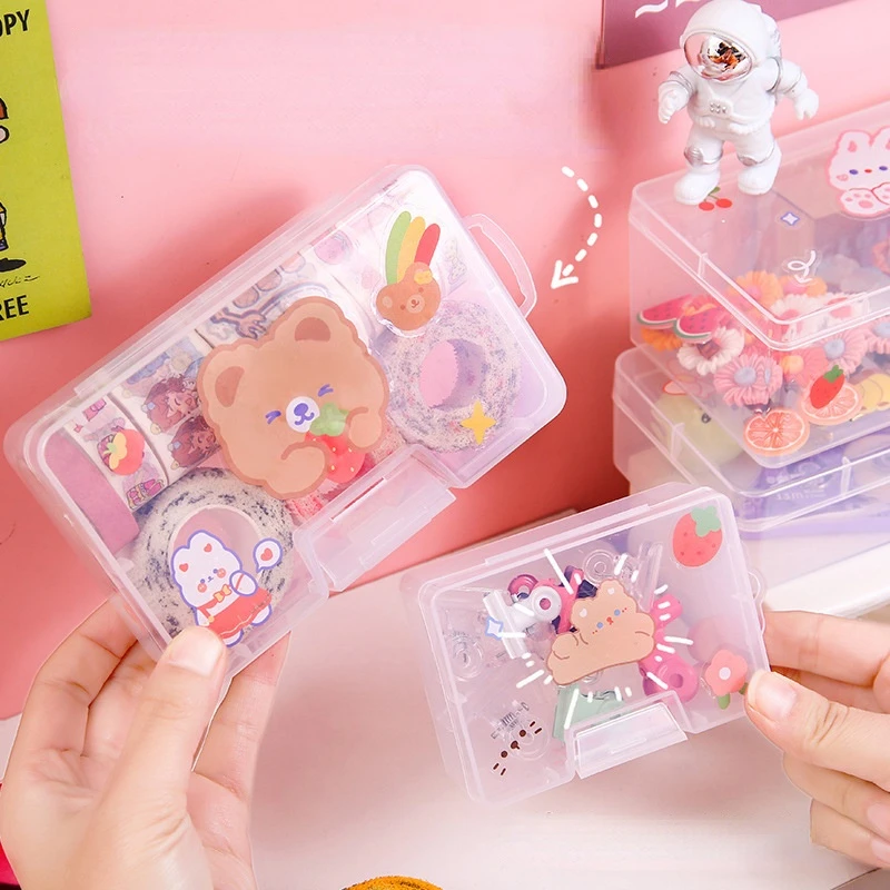 

INS Cute Desktop Sundries Storage Boxes Transparent Plastic With Lid Cartoon Stickers Stationery Cosmetic Home Office Organizer