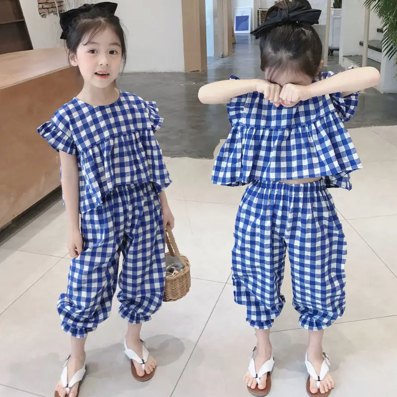 

Kids Clothes Girls Summer Cotton Loose Suit Girl Plaid Cotton Round Neck Doll Shirt and Elastic Waist Bloomers Two-piece Set