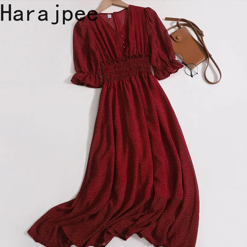 

Harajpee Dresses Women Summer New V Neck Puff Short Sleeve Slim Stretch Polka Dot Elegant Dress Chic Vintage Female Casual