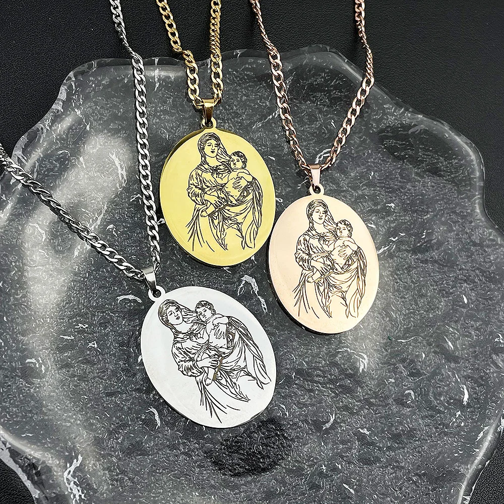 

2022 Silver Stainless steel Virgin Mary Pendant Necklaces For Women Gold Round Guadalupe Necklaces Gold Jewelry Gift for Mom
