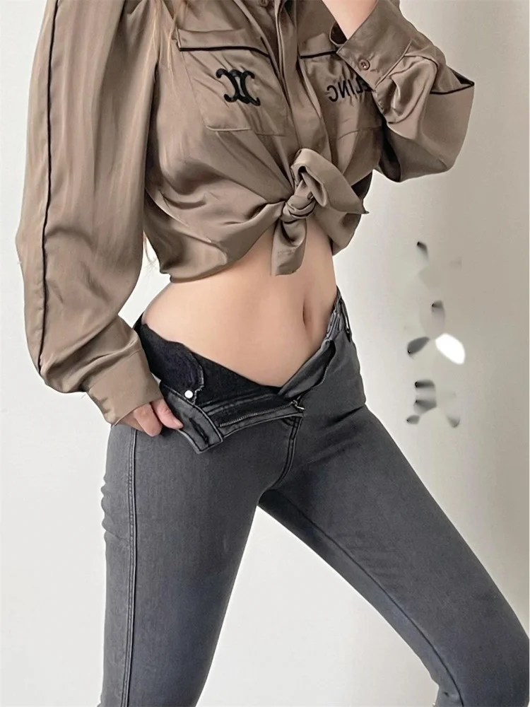 

European High Sweet Waist Classic Elastic Skinny Denim Pencil Pants Solid Color Thin And Fleece Women's Clothing 0MEC