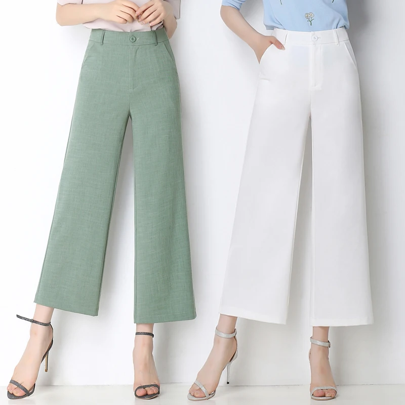 Женские Летние льняные тонкие широкие укороченные брюки с высокой талией Прямые