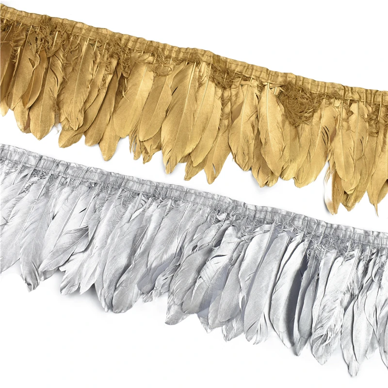 

2Meter Gold Silver Goose Feathers on Tape Fringe Trim Ribbon Dress Feather Decor DIY Clothes Sewing Trimmings Wedding Decoration