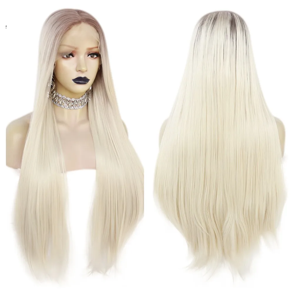 ANOGOL Synthetic T Part Lace Wig Long Straight Brown Ombre Blonde High Temperature Fiber Glueless Cosplay Wig for White Women