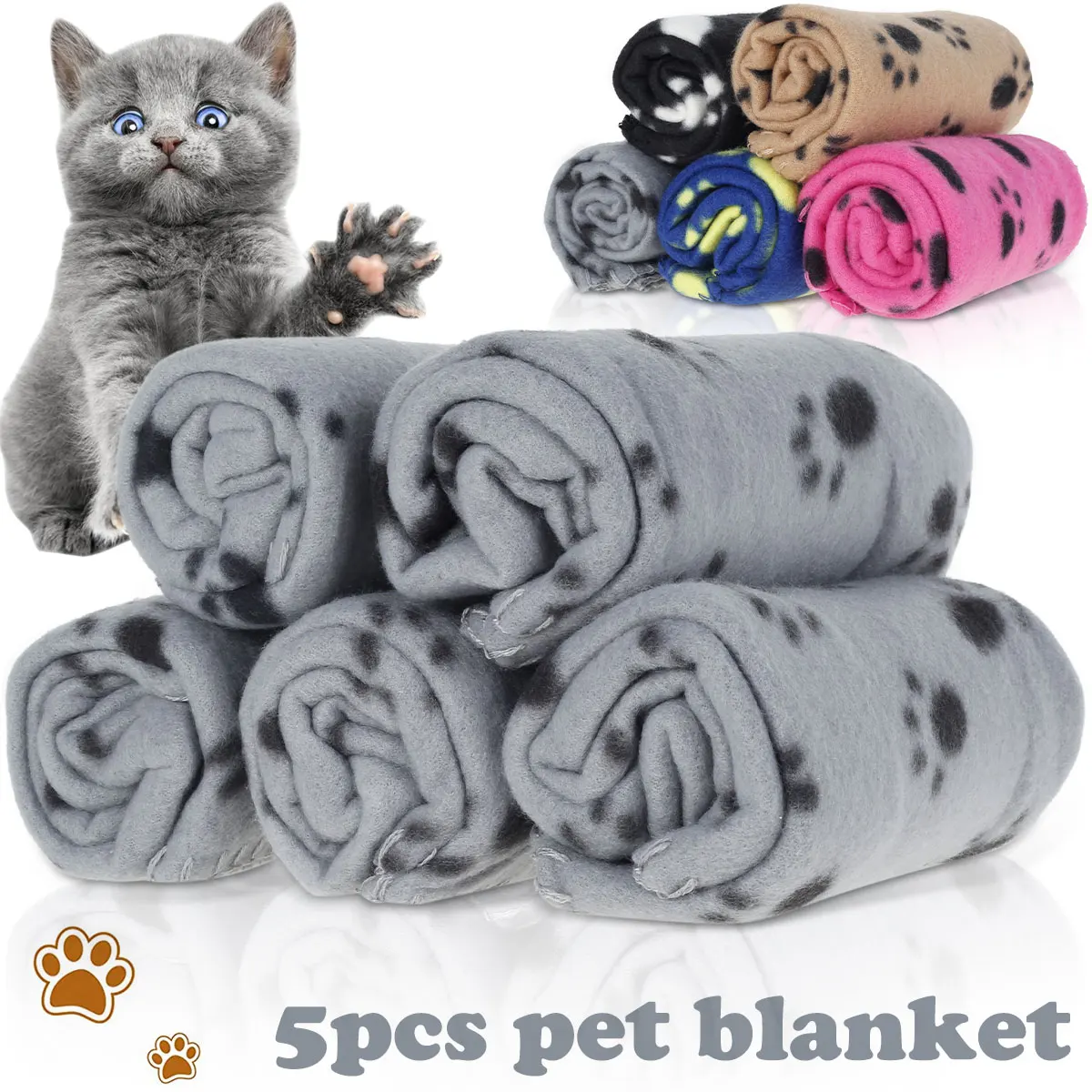 

New 5Pcs Pet Blanket Dog Cat Blanket Dog Puppy Blanket Washable Paw Print Fleece Blanket Lightweight Warm Pet Sleep Mat Durable