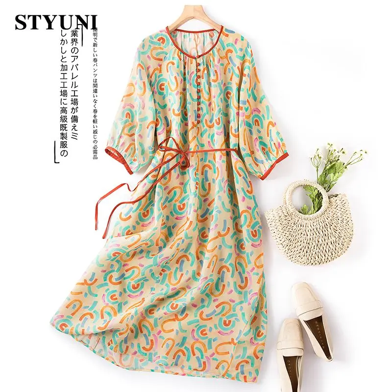 

Prairie Chic Print Casual Thin Loose Waist Lace Up O-Neck Women's Dress Korean Fashion Short Sleeve Mid-Calf Dresses For Women