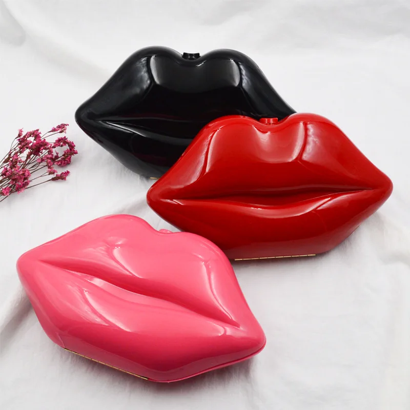 

Hot Evening Bags Acrylic Bags Fashion Lip Bags Crossbody Chain Bags Banquet Bags Hand Holding Summer Female Red Red Black Pink
