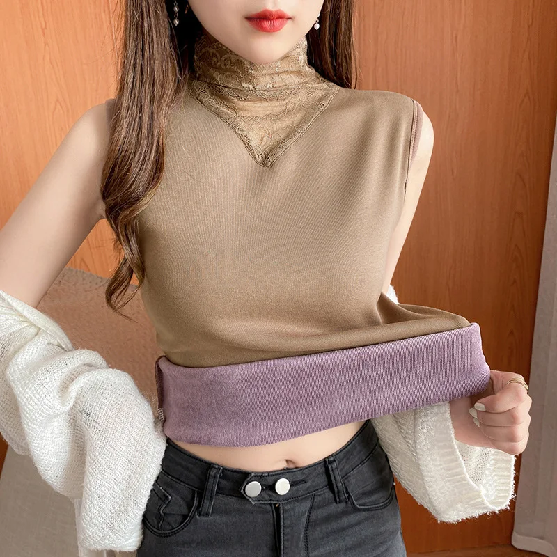 Winter Thermal Underwear for Women Fleece Lined Tops Cami Tank Vest Lace Camisoles Thermal Shirt Inner Wear Thermo Undershirt