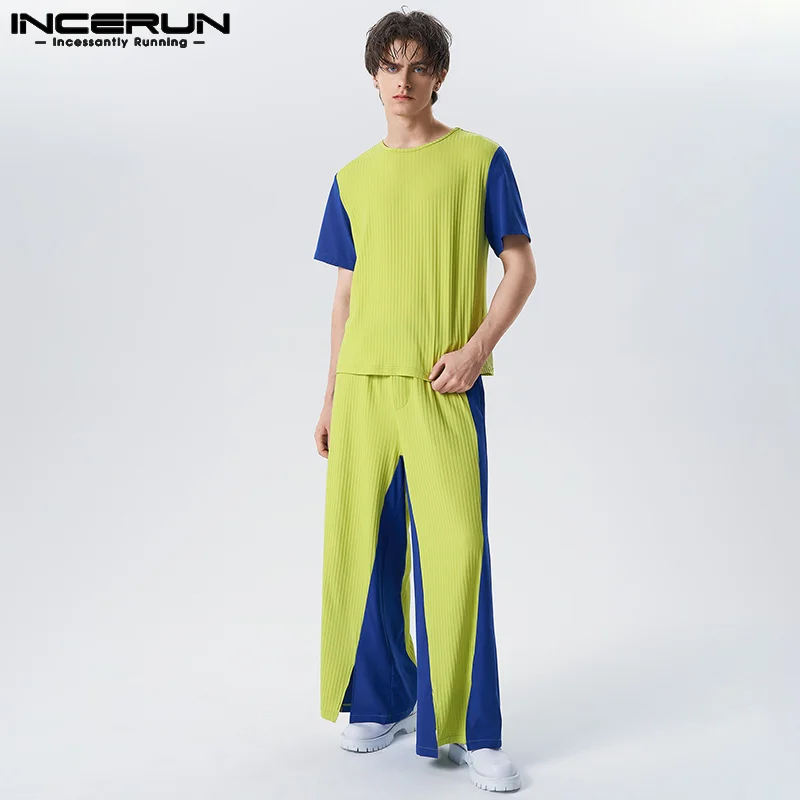 

2023 Men's Sets Colorful Patchwork Loose Short Sleeve T Shirt & Wide Leg Pants 2PCS Streetwear Fashion Men Casual Suits INCERUN