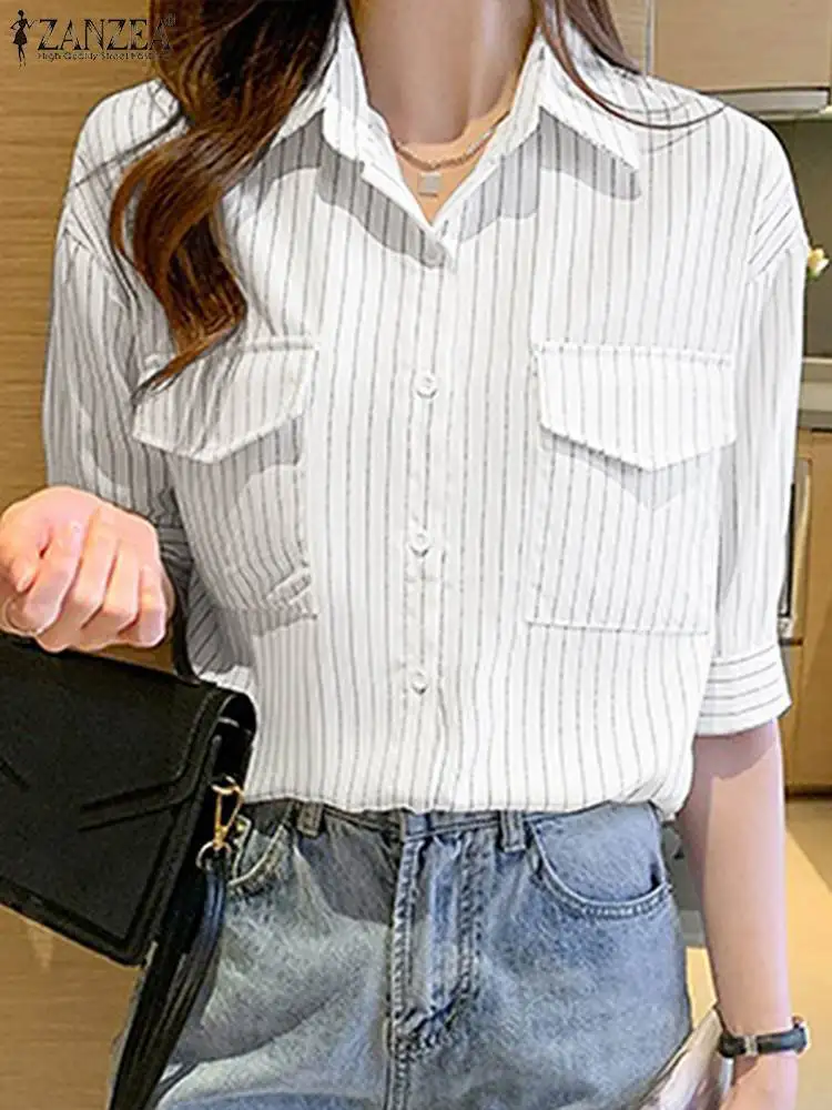 

ZANZEA Fashion Lapel Neck Shirt Woman Half Sleeve Stripe Printed Blouse Femme Elegant OL Work Blusas Casual Korean Blusas 2023