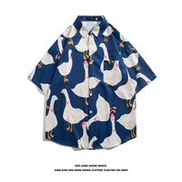summer shirts kawaii cartoon goose pop art style streetwear y2k solid color casual lapel pockets short sleeve top clothing