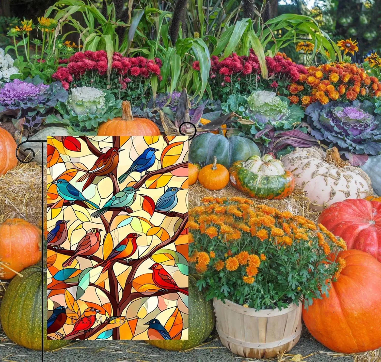 Осенний садовый флаг для улицы, 12x18 дюймов, двусторонний, с узором из витражного стекла: осенние кленовые деревья и птицы, флаг для двора на День Благодарения GGX (art.: 3920dbcebfb98) - 3920dbcebfb98