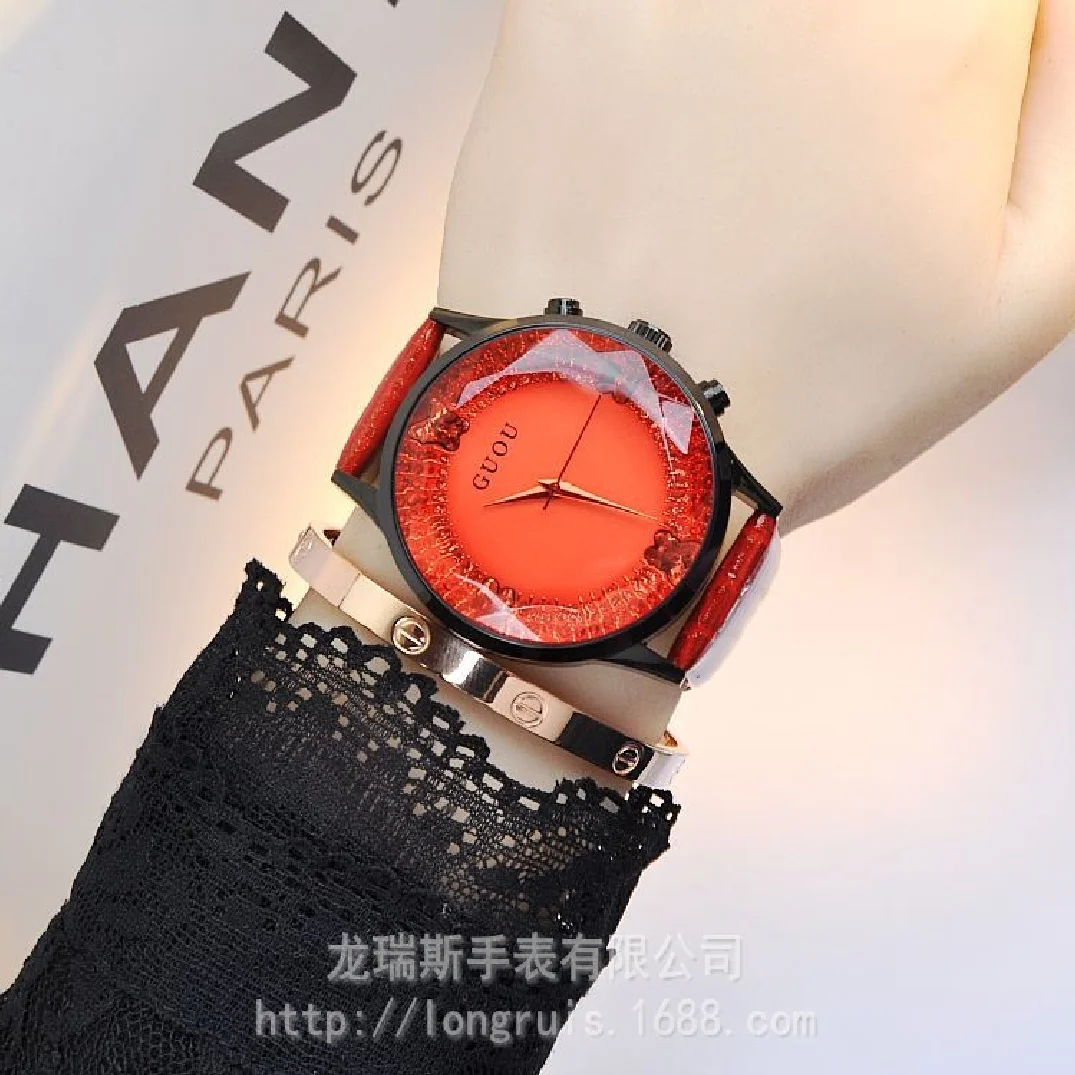Fashion Hk Guou Brand Quartz Lady Watch Rhinestone Waterproof Women's Genuine Leather Upscale Large Dial Luxury Gift Wristwatch enlarge