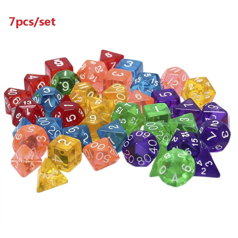 

7 шт./лот набор прозрачных игральных костей D4,D6,D8,D10,D10 %,D12,D20 6 цветов разных цветов