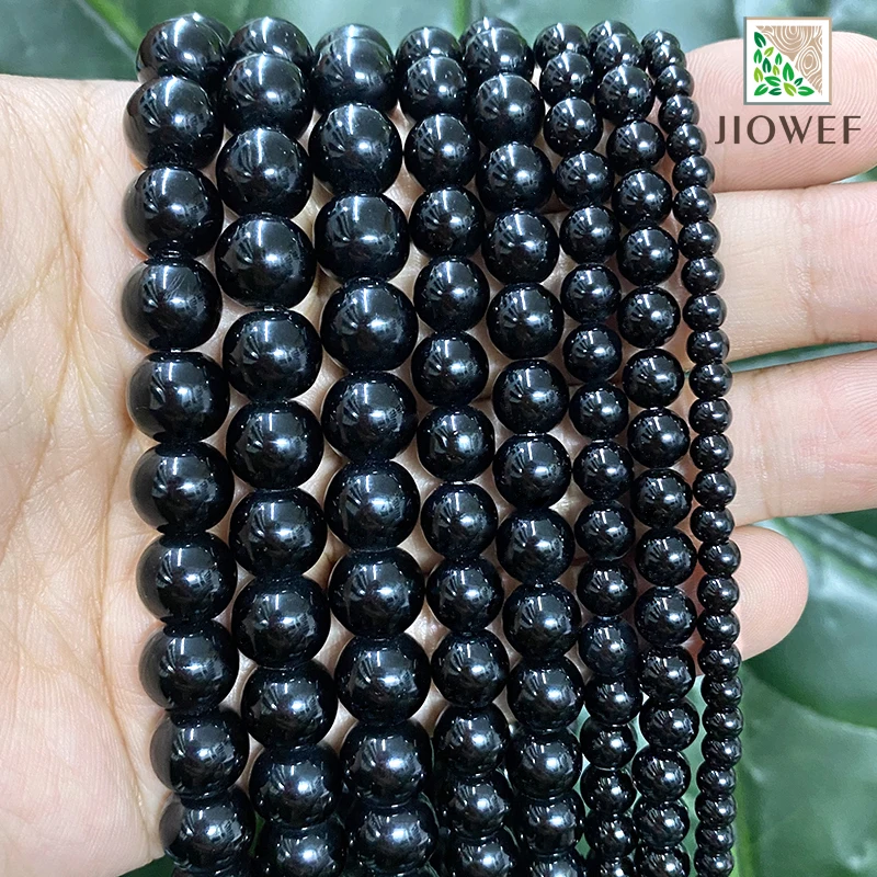 

Черные кварцевые бусины из натурального камня, гладкие круглые бусины-разделители, бриллиантовые серьги для браслета 15 дюймов, нитка 4/6/8/10/12 мм