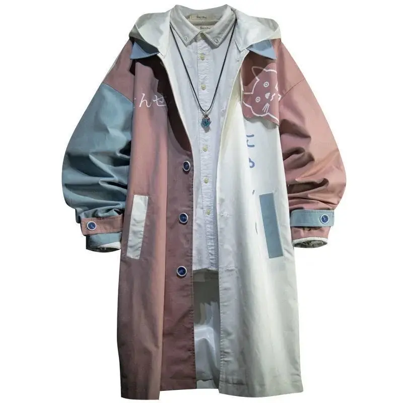 Женское длинное пальто с капюшоном контрастное лоскутное на пуговицах и