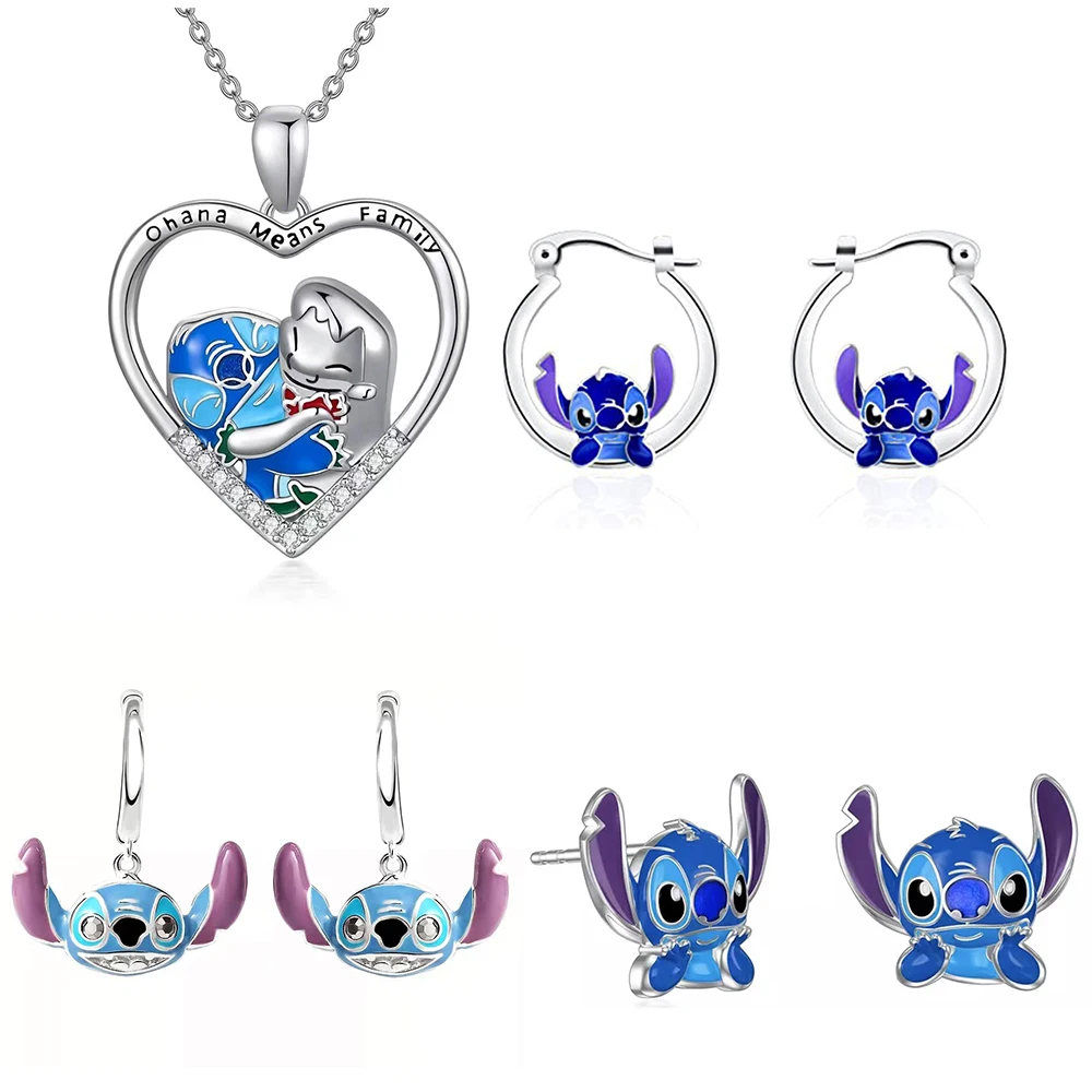 

Disney Cartoon Heart Stitch Necklace Earrings Silver Plated Pendant Inspired Gifts Ohana Family Jewelry for Women Girls
