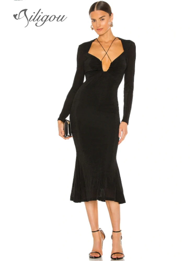 

Ailigou 2022 New Fall Women's Sexy Backless Midi Dress Skinny Elegant Evening Club Party Birthday Black Long Sleeve Dress