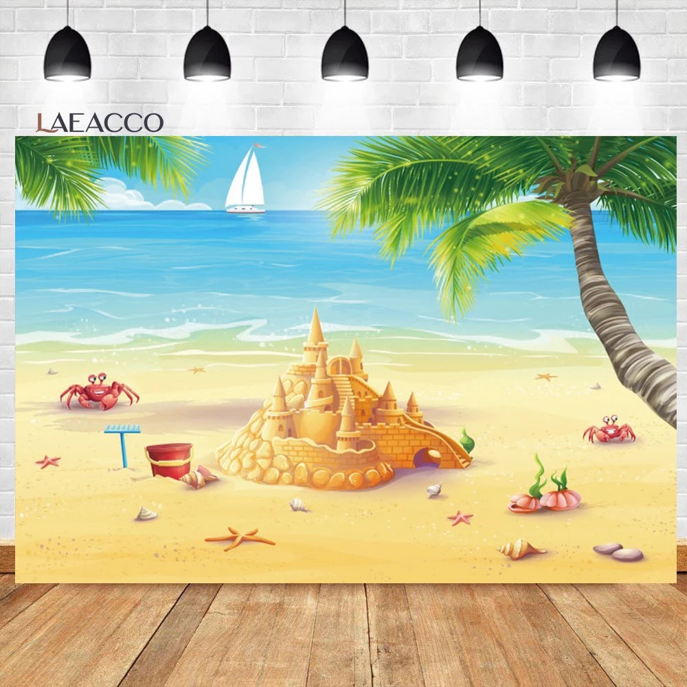 

Laeacco Cartoon Beach Photography Backdrop Summer Party Seaside Coconut Tree Seashell Sand Baby Child Portrait Photo Background
