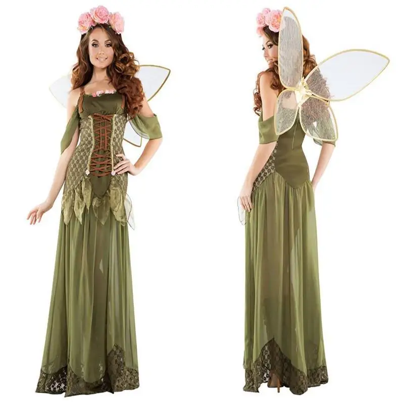 

Angel Elf Flower Fairy Tinker Bell Costume Fairy Tale Green Forest Halloween Party Cosplay Adult Women Fantasia Dress