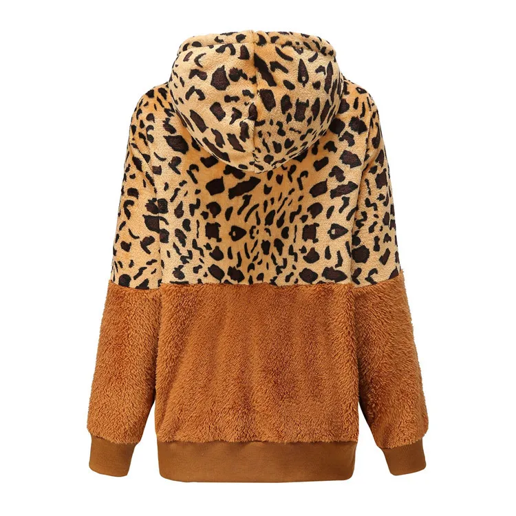 WYWMY Leopard Patchwork Women Teddy Coat Autumn Hooded Fluffy Plush Winter Faux Fur Jacket Coat Women Coat Fur Sweater Hoodie