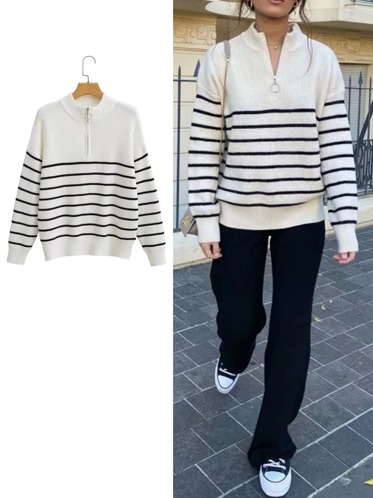 

Женский свитер в полоску на молнии, с длинным рукавом